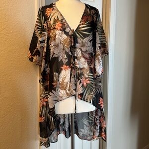 Chenault Deep Green Sheer Tropical Floral Tie-Front Kimono Top